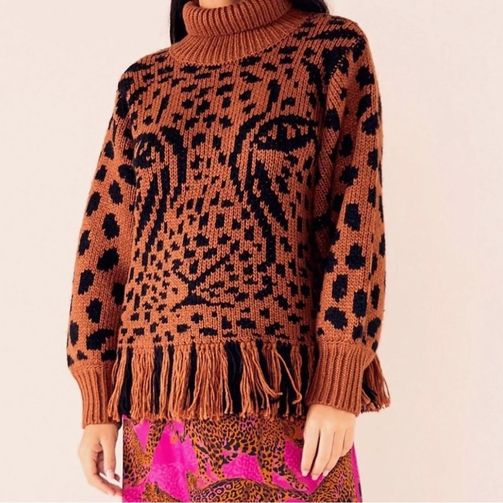 Farm Rio Tan and Black Patterned Turtleneck Sweater Lion Print - Picture 5 of 5
